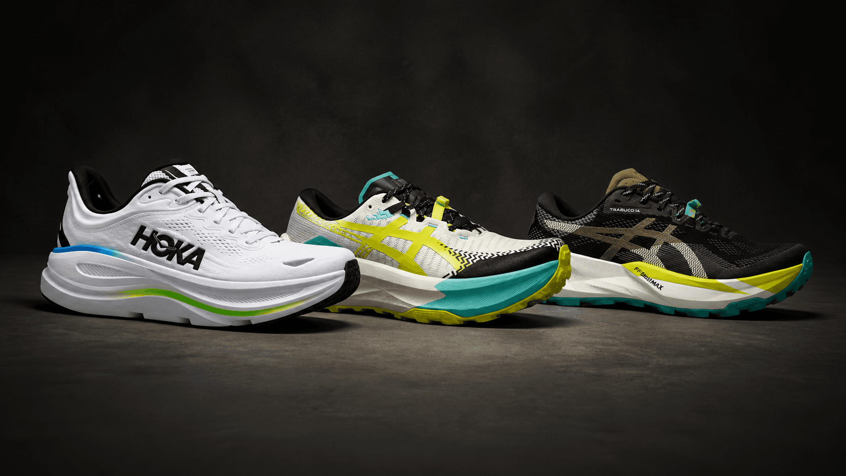 Three distinct RunReady graded running shoes in a studio lineup