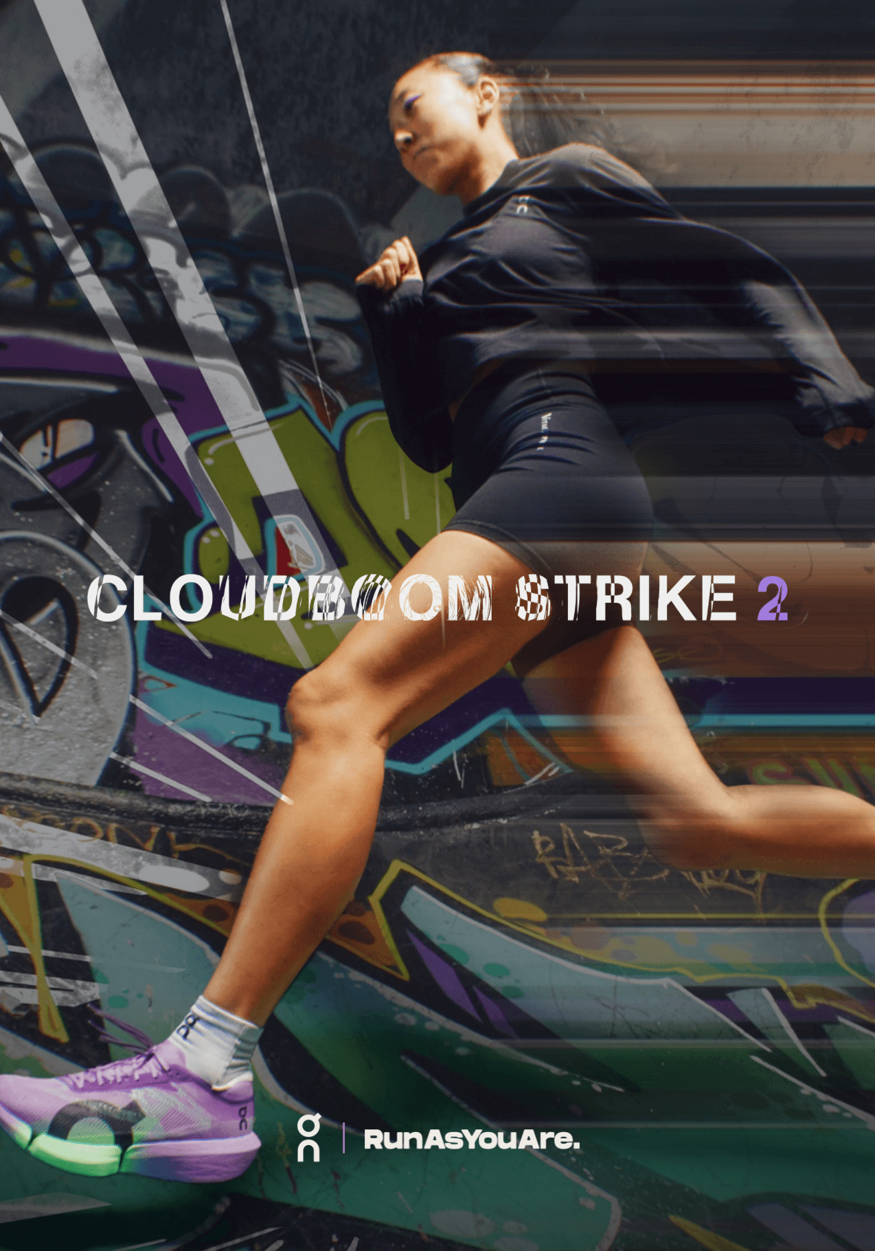Runner wearing the On Cloudboom Strike 2 in RunAsYouAre campaign artwork