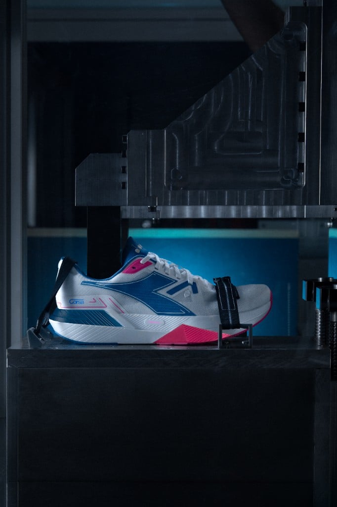 Diadora Corsa running shoe on a performance testing rig for the Own the Track challenge