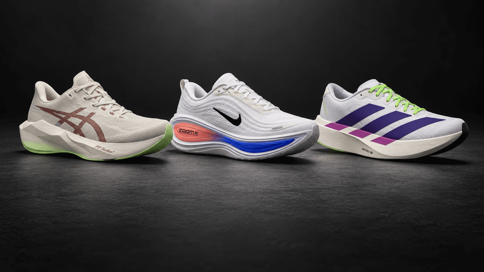 ASICS Novablast 6, Nike Vomero Plus, and adidas Adizero Evo SL in a dark studio lineup