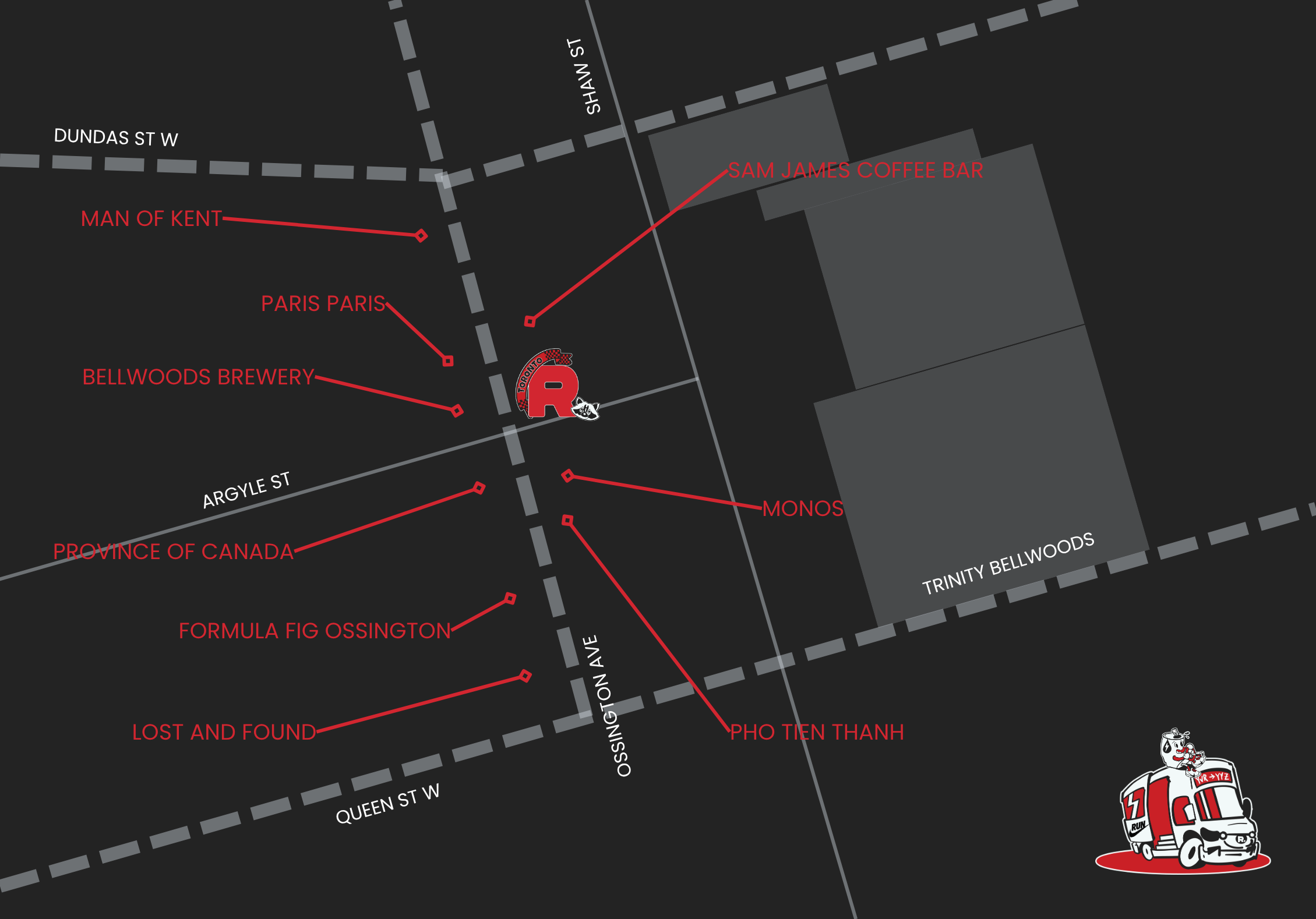 Illustrated map of Toronto's Ossington neighbourhood between Dundas Street West and Queen Street West, marking nearby neighbours and the area RunAsYouAre is heading to.